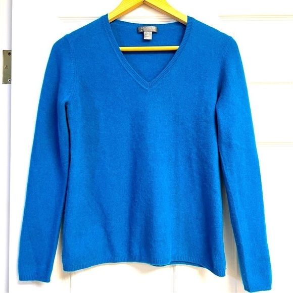 100% Cashmere Charter Club Long Sleeve  V neck Sweater Blue Teal women’s size M - Picture 1 of 10